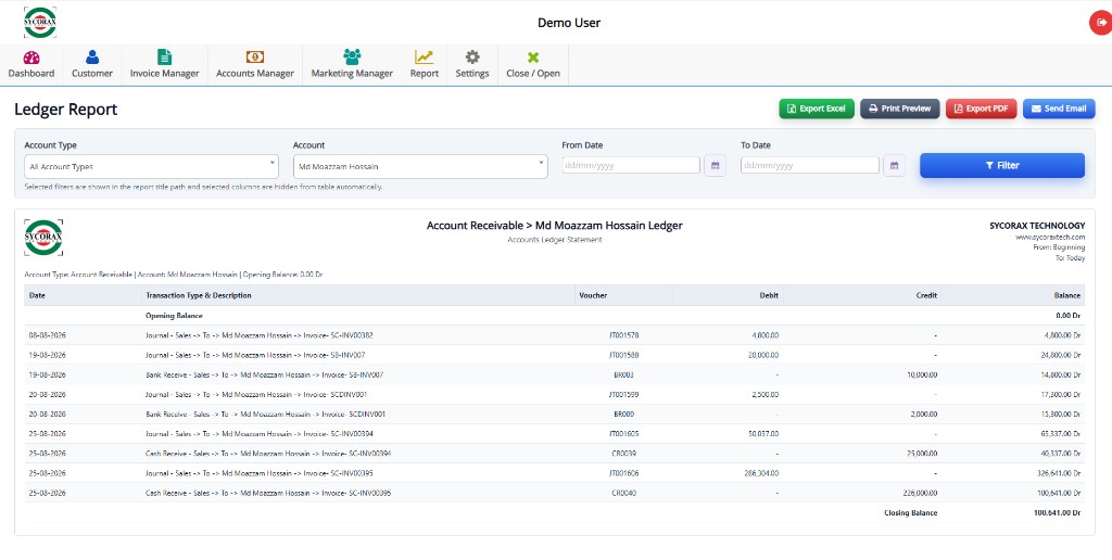 Accounts ledger screen