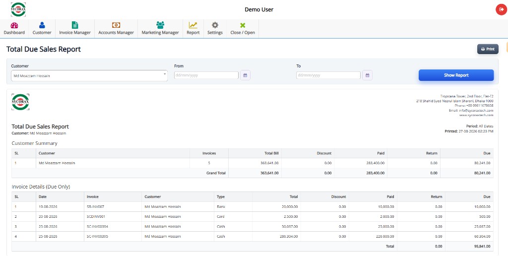 Due sales report screen